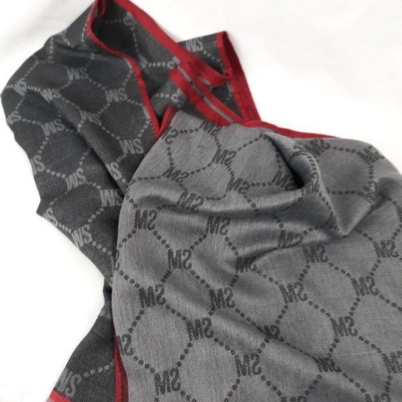 Steve Madden Scarf Charcoal w/Red Trim 'SM' Initials NWT 38" Long - Picture 4 of 6